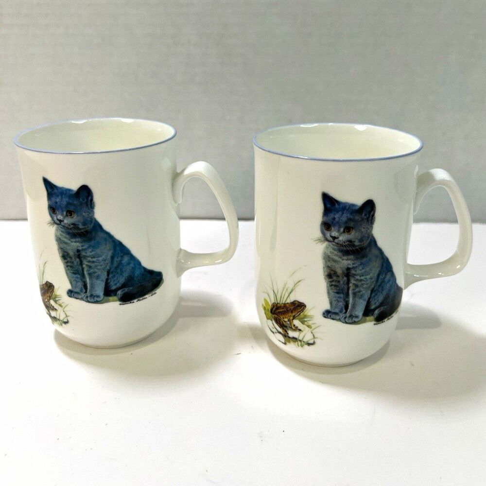 Ashdale Pottery Cat Frog Mugs Cups Set of 2 Monica Keller-Cole England Vintage